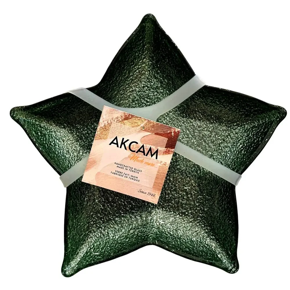 Akcam Green Glitter Star Shaped Glass Christmas Appetizer Plates 7